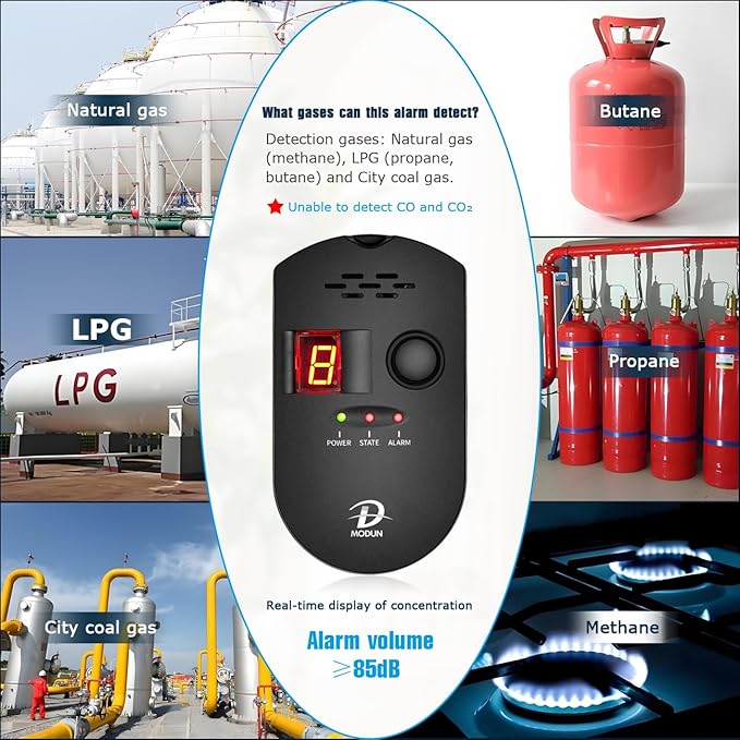 D MODUN Gas Detector, Natural Gas/LPG/City Coal Gas Leak Detector, Plug-in Sensor Gas Monitor with Sound Alarm and LED Display, Methane Propane Butane Combustible Gas Alarm for Kitchen RV Garage-Black