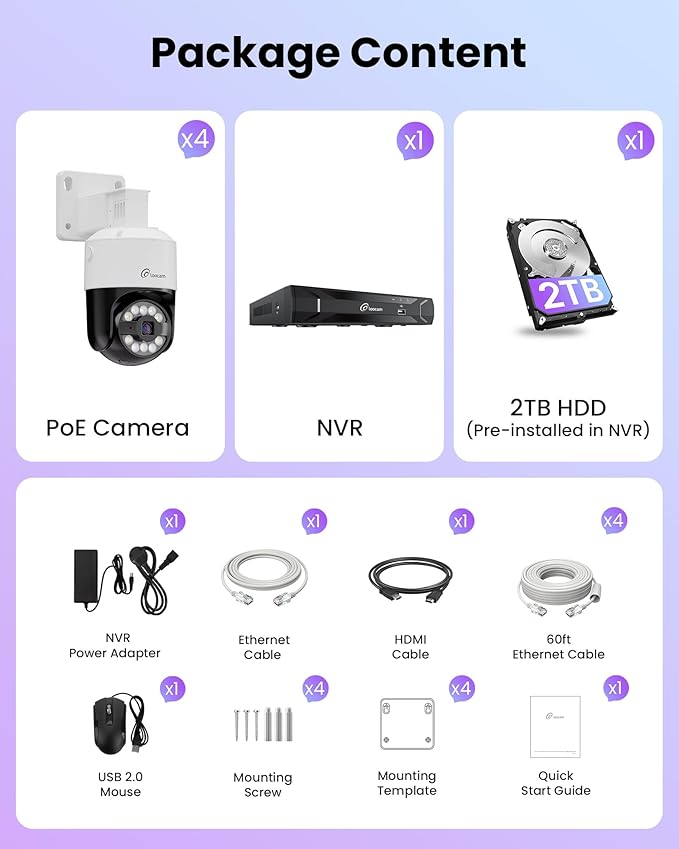 Loocam 4K PoE NVR Security Camera System, 4pcs Pan & Tilt Wired PoE IP Cameras Set for Indoor Outdoor, AI Person/Pet/Vehicle Detection, Color Night Vision, 4K 8CH NVR 2TB HDD Included, Plug & Play