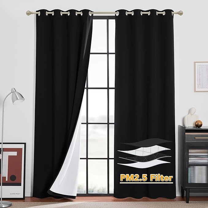 RYB HOME 4 Layers Dusts Filter Window Curtains with Melt-Blown Fabric, Heavy Duty Nosie Reducing Window Treatment 100% Blackout Privacy Drapes for Living Room, Black, W52 x L108 inch, 2 Panel
