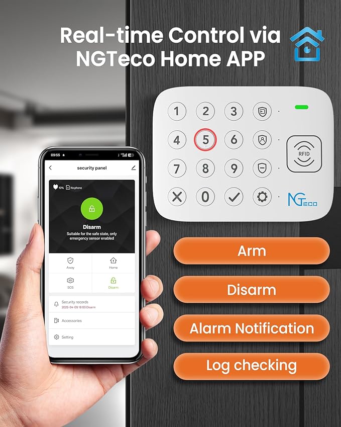 NGTeco 11-Piece Home Security Alarm Kit, Wi-Fi Home Security System with Keypad, Motion Sensor, 5 Entry Sensors, Window and Door Protection - No Contract, Compatible with Alexa & Google