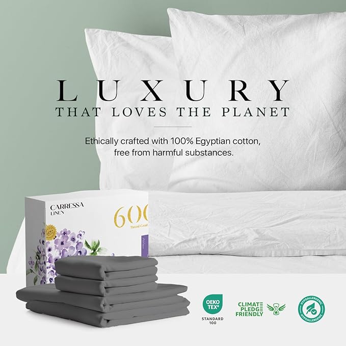 Carressa Linen California King Egyptian Cotton Sheet Sets - 600 Thread Count Cal King Cotton Sheet Set (4 PC, Graphite Gray), Extra Soft, Cooling, 16" Deep Pocket Sateen Weave Luxury Hotel Bed Sheets