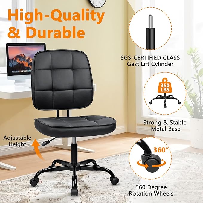 CLATINA Armless Home Office Chair with Lumbar Support and Wheels, Small PU Leather Ergonomic Low Back Desk Chairs No Arms, Adjustable Height 360° Swivel Rolling Computer Task Chair, Black, 8 Pack