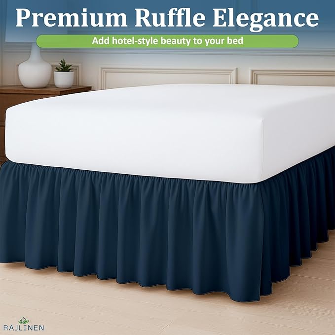Rajlinen Ruffled Bed Skirt Twin XL, 21 Inch Drop Dust Ruffle with Split Corners, 100% Microfiber Bedskirt with Platform, Three-Sided Coverage Ruffled Gathering Design, Navy Blue
