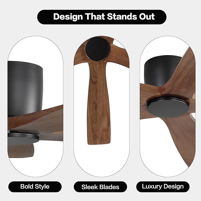 WINGBO 54" Flush Mount DC Ceiling Fans without Lights, 5 Carved Solid Wood Blades, 6-Speed Reversible DC Motor, Low Profile Hugger Ceiling Fan No Lights for Living Room Bedroom Patio, Black and Walnut