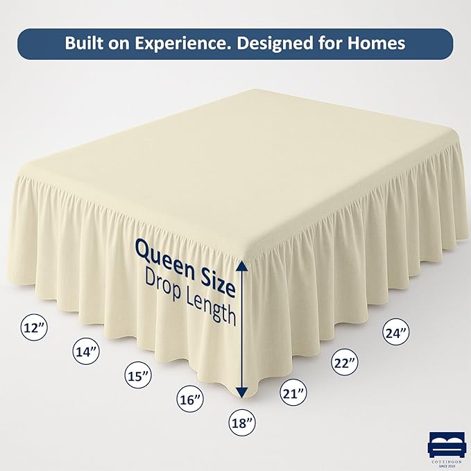 Cottingon Ruffled Bed Skirt with Split Corners-Dust Ruffle - 12" Drop 100% Microfiber Soft,Sheen & Luxurious Look - Bed Skirts (Ivory -Queen)