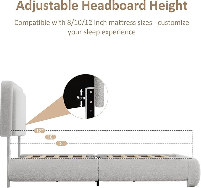 Full Size Boucle Platform Bed Frame, Upholstered Cloud with Adjustable Headboard, Anti-Collision Soft Rounded Corners, No Box Spring Required, Easy Assembly, Noise Free