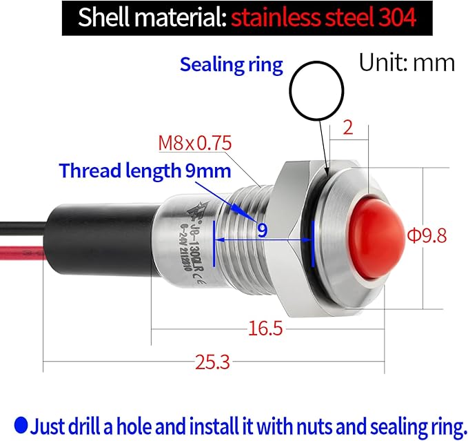 ZGSZJHF 2Pcs 8mm 0.31" Mini Indicator Light 12V-24V Red LED Waterproof IP67 Domed High Head Stainless Steel Signal Lamp Pilot Light with Wire,for Dash Directional Car Truck Boat
