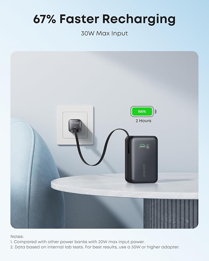 Anker Nano Portable Charger, 10,000mAh 45W Max Compact Power Bank, Travel Essential Phone Battery Pack with 2.3 ft InstaCord Retractable Cable for iPhone 17/16 Series, iPad, Galaxy, Pixel, and More
