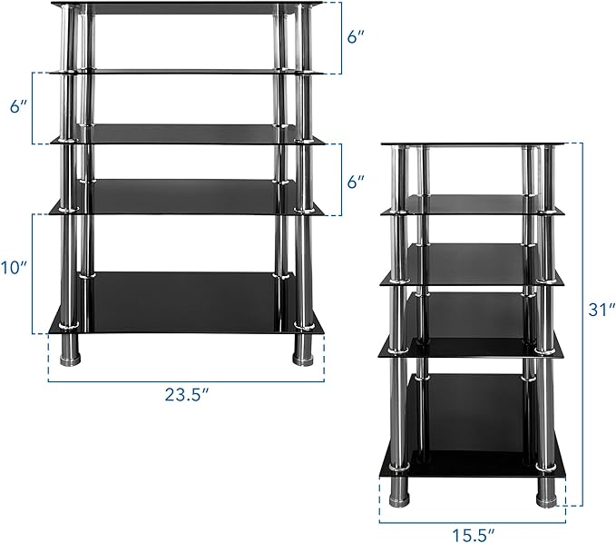 Mount-It! Tempered Glass AV Component Media Stand, Audio Tower and Media Center with 5 Shelves, 220 Lbs Total Capacity, Black Shelves Chrome Legs (MI-8671)