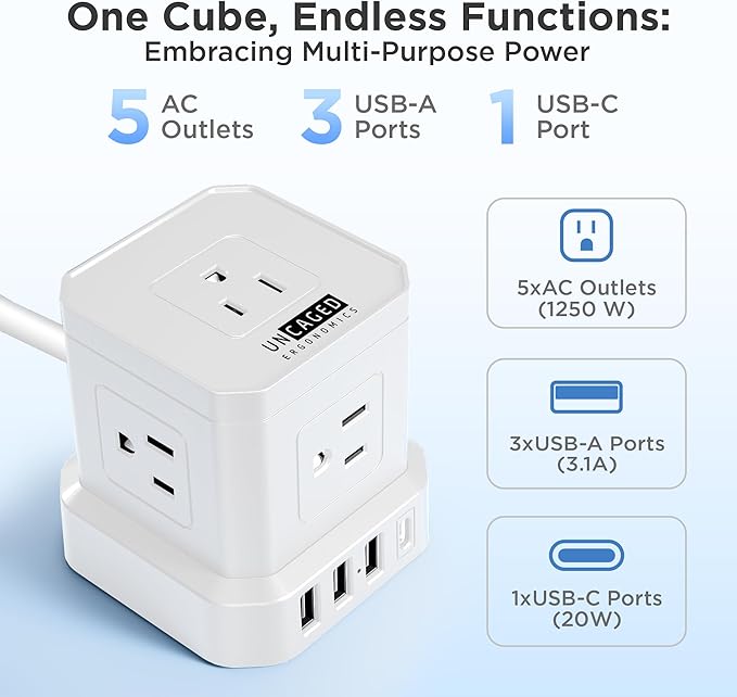 Uncaged Ergonomics Cube Power Strips w/Surge Protection, 10ft Extension Cord with Multiple Outlets, 5 AC Plugs, 3 USB (1C Port) Fast Charging Power Strip with USB Port, On/Off Switch Charging Station