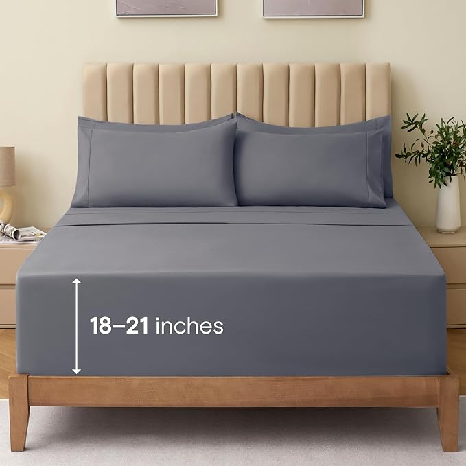 LuxClub 4 PC Extra Deep Pocket California King Sheet Set, Wrinkle Free Cooling Bed Sheets Hotel Bedding for Women, Men, 1 Fitted Sheet, 1 Flat Sheet and 2 Pillowcases- Light Grey