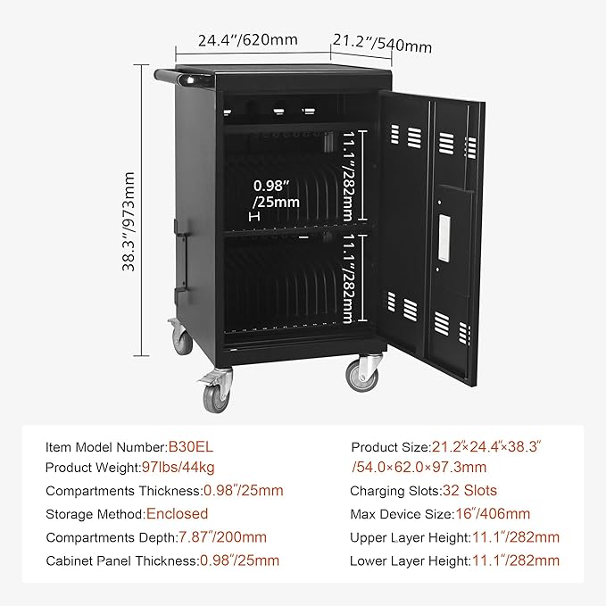 Aokleo Laptop Charging Cart,32 Devices Tablet Storage Carts for pad Up to 16.3" Screen, Classroom Computer Mobile Charging Station for Pads, Chromebooks,Laptops, Updated Password Lock(32 Bay-Black)