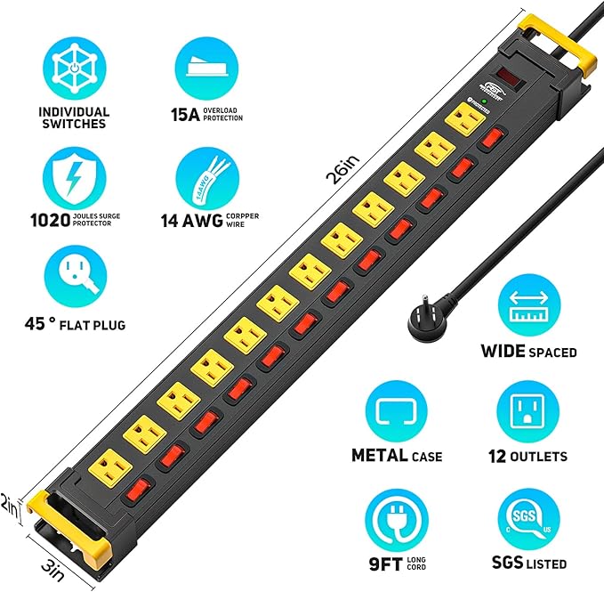 CRST 12 Outlet Heavy Duty Metal Power Strip with Individual Switches, 9FT Surge Protector Power Strip with Cord Managment, 15A/1875W 1020J Wide Spaced Outlets for Garage, Workshop, Home, School