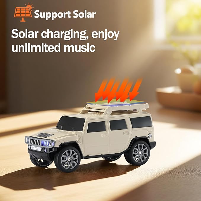 WSTER WS-696 Solar Bluetooth Replica Speaker – Portable Modern Off-Road Car Design with HD Sound, TWS, LED Party Light, USB/TF Playback, FM, Built-in Microphone, Surprise Gift(Beige)