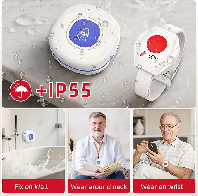 CallToU Wireless Caregiver Pager Call Button for Elderly - Nurse Alert System with 4 SOS Panic Button, 500+ Feet Range, 1 USB Receiver & 2 Plug-in Receiver for Home Care Seniors Monitoring