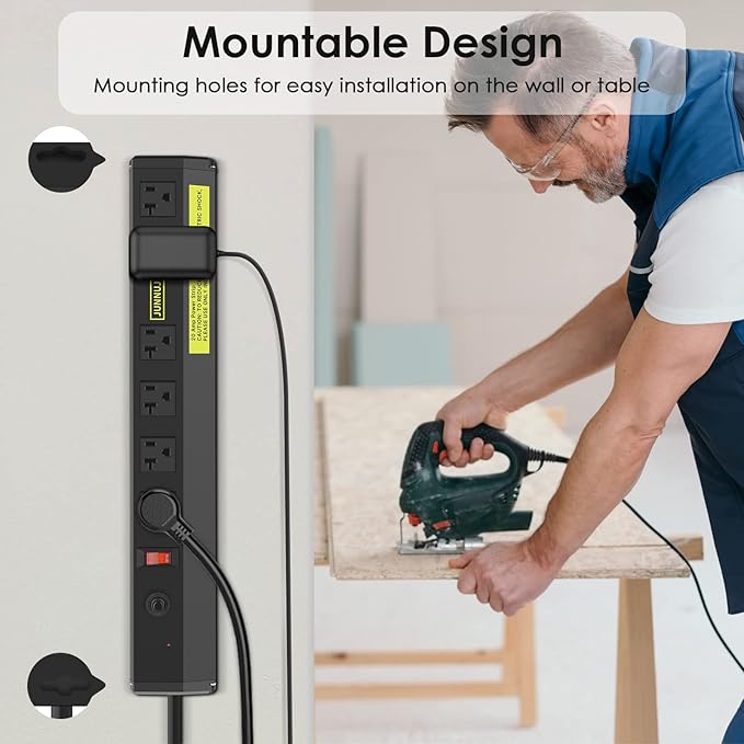 JUNNUJ Heavy Duty 20 Amp Power Strip 4800J, High Amp Surge Protector 6 Outlet, 20A Power Strips Workshop Industrial Outlets Wide Spaced 6-20R T-Slot with Circuit Breaker, 12 Gauge Extension Cord 6ft