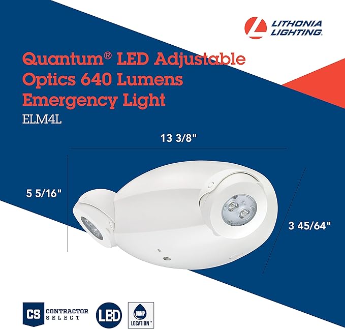 Lithonia Lighting Quantum Emergency Light, Contemporary Commercial LED Emergency Lights with 2 Aimable Lamp Heads, Ceiling or Wall Mount, White Thermoplastic, 120/277V Dual Voltage (ELM4L)