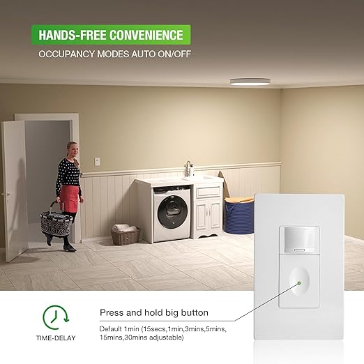 RAYZEEK Motion Sensor Light Switch, 10A, Single Pole, No Neutral Wire, PC Fireproof, 3-in-1 OCC & VAC & Manual On/Off Override Selectable, Motion Sensor Wall Switch for LED/CFL/Incandescent, UL Listed