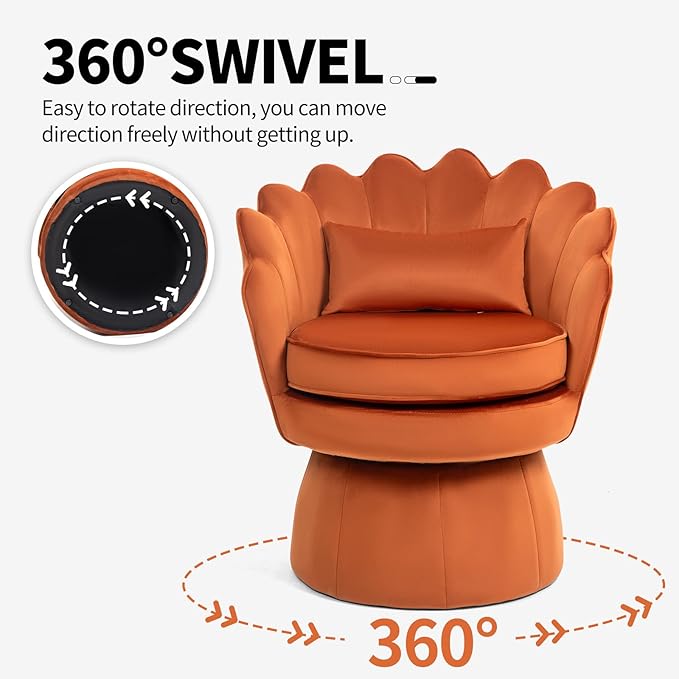 360° Swivel Accent Chair, Mid-Century Modern Velvet Barrel Chair, Comfy Shell Shape Arm Chair with Lumbar Pillow for Living Room, Bedroom, Office, Orange
