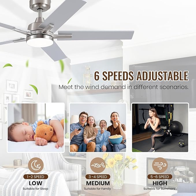 SODSEA Ceiling Fans with Lights, 52 inch Nickel Ceiling Fan with Light and Remote Control, Reversible, 3CCT, Dimmable, Noiseless, Small Ceiling Fan for Bedroom, Indoor/Outdoor Use