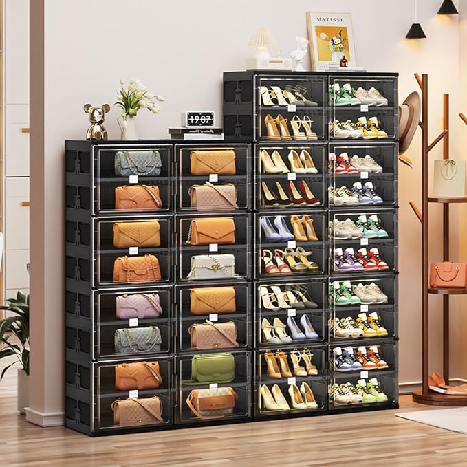 JEKO&JEKO 10 Tiers Foldable Shoe Rack Organizer Cabinet for Closet Entryway, Large Collapsible Shoe Storage Box with Magnetic Doors (Black)