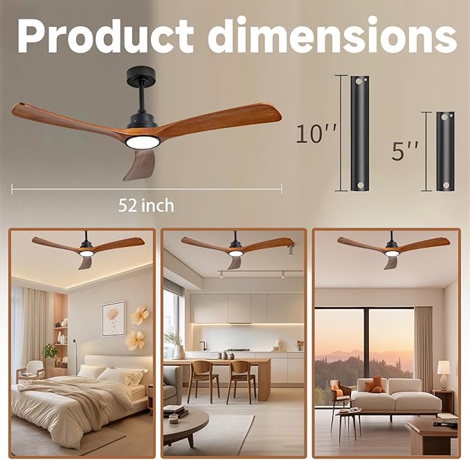 Gaizw 52 Inch Ceiling Fans with Lights and Remote Control,Quiet DC Motor 3 Blade Ceiling Fan with Light for Bedroom,Patio Living Room,Office,Indoor and Outdoor Fan, Walnut Wooden Fans of Ventilation