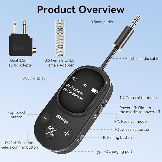 Giecy Airplane Bluetooth 5.3 Transmitter Receiver Adapter, Supports 2 AirPods or Headphones with aptX Low Latency, 3.5mm AUX Jack Wireless Audio Transmitter for Planes, Airline, Travel, TV (Black)