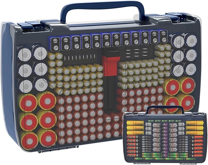 Aptbyte Battery Organizer Storage Holder Box Case with Tester- 269 Batteries Double-Sided Variety Pack, Holds AA AAA 4A C D Cell 9V 3V Lithium LR44 CR2 CR123 CR1632 18650 Button- Blue (Box Only)