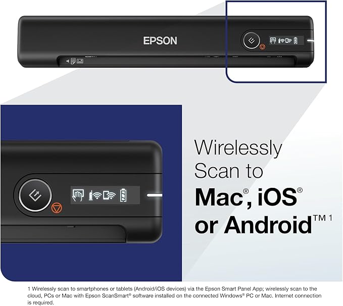 Epson Workforce ES-60W Wireless Portable Sheet-fed Document Scanner for PC and Mac 10.7" x 1.9" x 1.4"