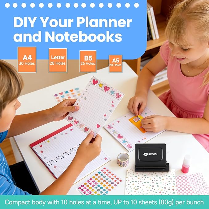 10-Hole Binding Machine for Planners,Metal Punch Loose Leaf Tool 26 Holes for B5, 30 for A4, 20 for A5 Paper,Handheld Manual Book Binder,Notebook Puncher for Home, Office, School, DIY Projects
