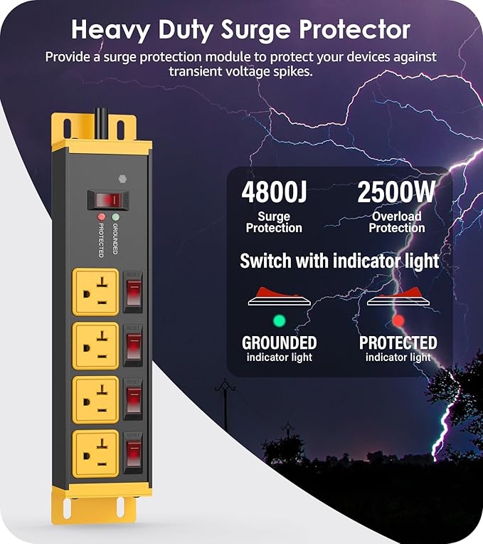 CCCEI Heavy Duty Surge Protector Power Strip 20 Amp Individual Switches. 10FT 12 Gauge Extension Cord with Multiple Outlets. Kitchen, Garage, Shop, Industrial Wall Mount Electric Extender, Yellow.