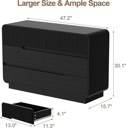 6 Drawer Dresser and 2 Nightstand Sets for Bedroom 3 Pcs Bedroom Set, Modern 47.2" Fluted Dresser with Invisible Handles Nightstand Charging Station, Bedroom Furniture Set for Living Room, Black