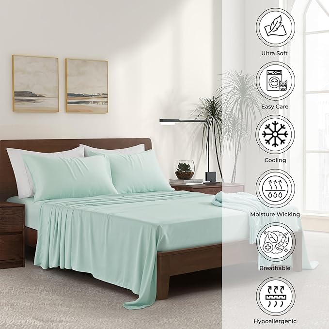 Luxury Bamboo Market | King Size Bed Sheet Set | 100% Viscose Made from Bamboo | Organically Grown | Ultra Soft | Cooling Sheets for Hot Sleepers | 17" Deep Pocket [Coastal Green]