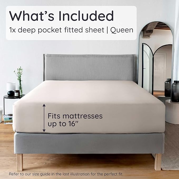Bambaw 100% Viscose Derived from Bamboo Fitted Sheet Queen Size, Cooling Fitted Sheet Only, 16’’ Deep Pocket Sheets with Corner Straps, Queen Size (Sand)