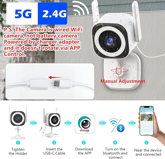 GUOANVISION Dual-Antenna Stable 5G WiFi Security Camera, 3X Zoom 2K Outdoor Indoor Camera for Baby/Pet, Home Security WiFi Camera with Color Night Vision, Two-Way Talk, IP66, SD/Cloud Storage (2-Pack)