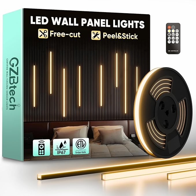 GZBtech Flexible LED Recessed Strip Light for Wood Slat Wall Panels 9.84FT, 3000K Warm White Cuttable Neon Rope Lighting with Remote Control, Dimmable IP67 Waterproof Black Strip Lights, ETL Listed