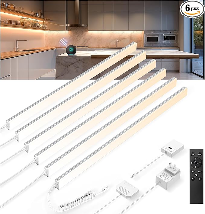 V4light Plug in Under Cabinet Lighting, 6 Pack 12 Inch Ultra-Slim LED Light Bars, Smart App/Voice/Remote Control, Works with Alexa, Dimmable & CCT Adjustable, 5W/Bar, for Kitchen, Closet, Counter