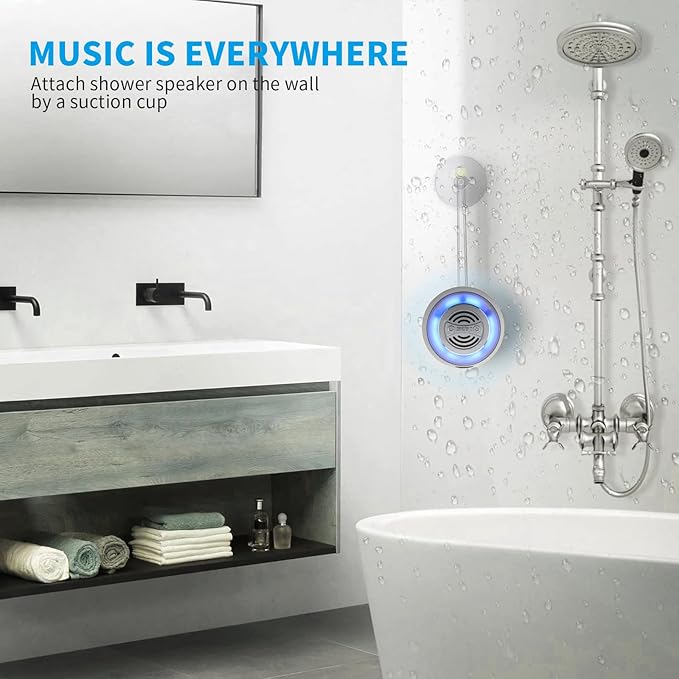Okjew Bluetooth Shower Speaker, IP67 Waterproof Wireless Speaker with Colorful LED Lights, True Wireless 3D Stereo Sound, Portable Outdoor Speakers for Beach, Pool, Kayak, Travel, and Home Use (Blue)