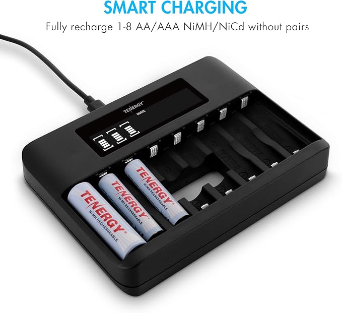 Tenergy TN480U 8-Bay LCD Display Fast Charger for NiMH/NiCD AA AAA Rechargeable Batteries with Mirco USB and USB Type C Input for AA and AAA Rechargeable Batteries