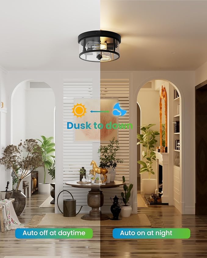 Craftersmark Outdoor Flush Mount Ceiling Light - 12.5in Motion Sensor Porch Light, 2-Light E26 Socket, Durable Iron & Clear Glass, Light Fixtures for Porch, Driveway, Covered Patio, Farmhouse