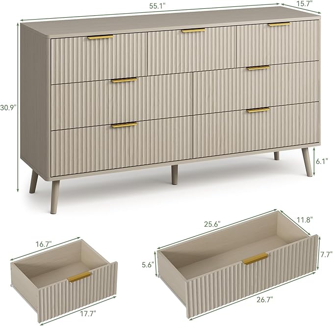 LYNSOM Fluted Dresser and Nightstand Sets 3 Piece, 7-Drawers Dresser and 1-Drawer Nightstands Set of 2, Wood Bedroom Furniture Set for Home, Bedroom, Hallway, Beige