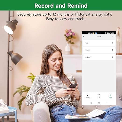 WiFi Energy Monitor with 2 * 750A Clamps, Real-Time Electricity Tracking, Smart Home Power Management