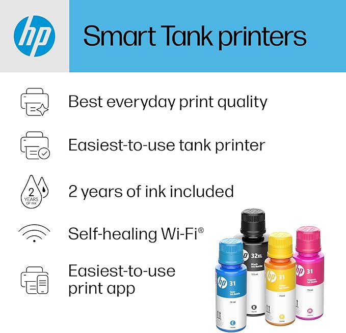 HP Smart Tank Plus 651 Wireless All-in-One Printer, Ink Tank Printer-for-Home Use, up to 2 Years of Ink in Bottles, Auto Document Feeder, Mobile Print, Scan, Copy, Fax (7XV38A)