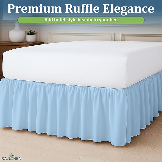 Rajlinen Ruffled Bed Skirt Twin XL, 16 Inch Drop Dust Ruffle with Split Corners, 100% Microfiber Bedskirt with Platform, Three-Sided Coverage Ruffled Gathering Design, Light Blue