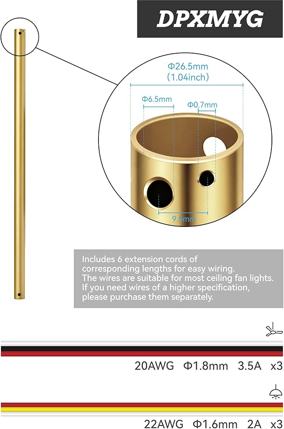DPXMYG 24 inch Ceiling Fan Downrod with Extension Cord, 2 FT Gold Downrod for Ceiling Fan, 1 inch Outside Diameter, Boom Suitable for a Wide Range of Fans (Gold, Not Threaded)