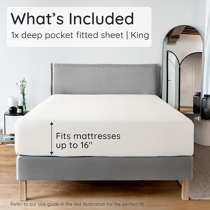 Bambaw 100% Viscose Derived from Bamboo King Fitted Sheet with Elastic Corner Straps, Cooling Fitted Sheet King Size, 16’’ Pocket King Bottom Fitted Sheet Only, Breathable & Soft Fitted Sheet (Ivory)