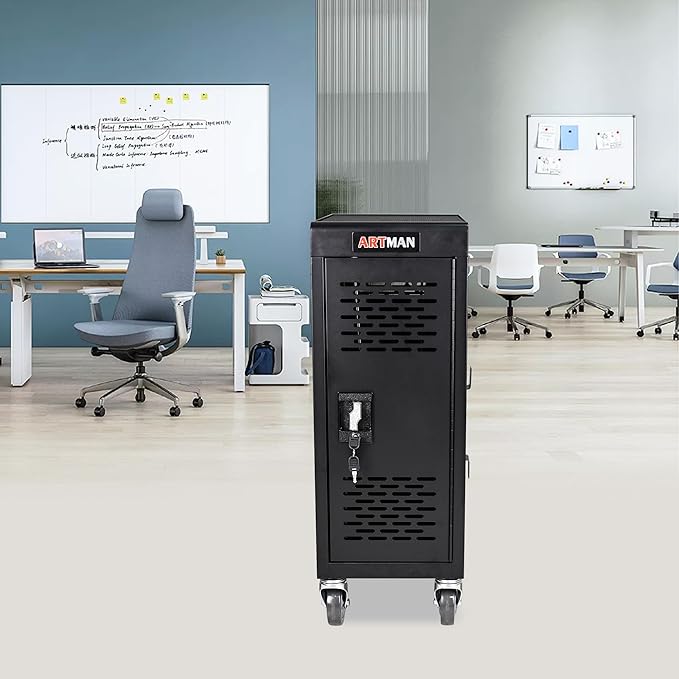 TIOPLY Laptop Charging Cart, 16 Device Tablet Storage Carts for iPad Up to 16.3" Screen Size, Mobile Charging Station for Classroom, with Cord Organizer, Front and Back Access Locking Cabinet Black