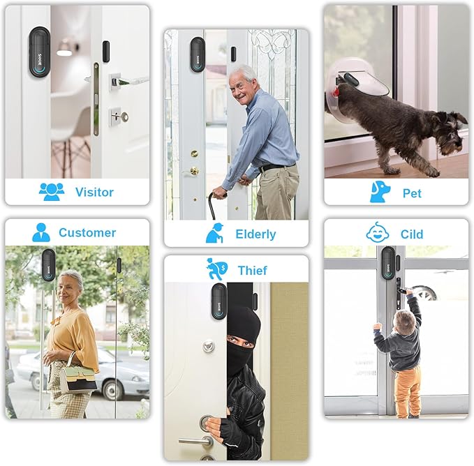 SanJie Door Alarm for Kids Safety with Remote,Wireless Door Chimes When Door Opens for Home/Dementia Patients/Pool,0-120 dB Volume Ajustable 4 Working Modes(2 Remote & 2 Sensor)