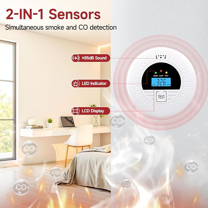 1-Pack Interconnected Smoke and Carbon Monoxide Detector, Test Button & Replaceable Battery, Smoke and CO Alarm for Home, Hallways, Bedroom, Reliable Alert
