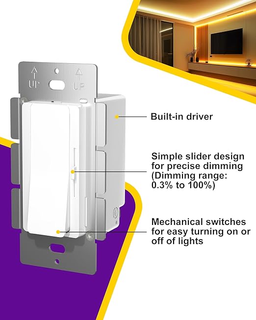 HitLights LED Driver and Dimmer Switch in One 60W, 120V AC to 12V DC, Compatible with Most Solid Color 12V Strip Tape Lights, UL Listed, Single-Pole/3-Way, EZDim Pro, White